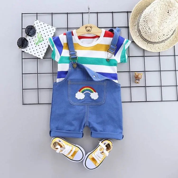 Summer Two-piece Baby Suspenders Suit Striped Dress 80-110