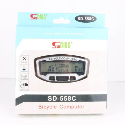 Sunding Bicycle Computer Wireless LCD Backlit For Road Riding - SD-558C boxed unit showing display and packaging