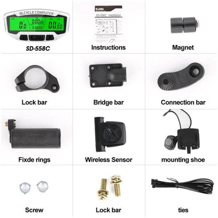 Sunding Bicycle Computer Wireless LCD Backlit For Road Riding - wireless kit with LCD unit, sensor, magnet, mounts, screws and ties
