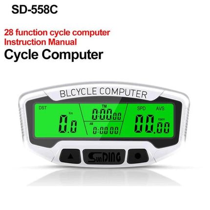 Sunding Bicycle Computer Wireless LCD Backlit For Road Riding compact wireless LCD bike computer with backlit green screen showing speed distance time