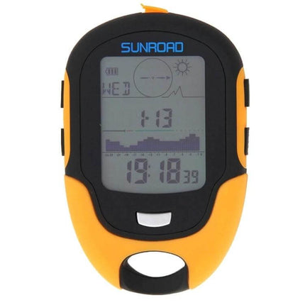 Sunroad LCD Altimeter With Compass For Hiking And Outdoor Use - compact yellow GPS-style altimeter with LCD showing elevation graph, compass and time
