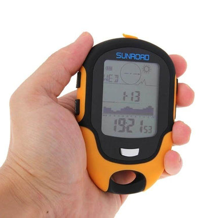 Sunroad LCD Altimeter With Compass For Hiking And Outdoor Use handheld unit showing altitude, compass and weather icons on LCD screen
