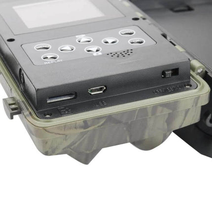 Suntek Trail Camera for Outdoor Wildlife Surveillance close-up of camo case control buttons and USB port