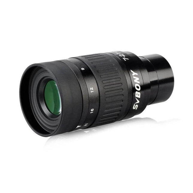 SVBONY 1.25-Inch Zoom Eyepiece 7-21mm For Telescopes black compact zoom eyepiece showing focal markings and rubber grip