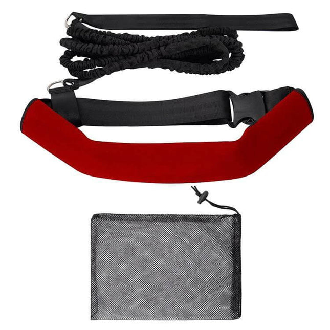 Swimming Strength Block Belt And Elastic Cord Set Neoprene Waist Belt in red neoprene with elastic cord and mesh storage bag, adjustable waist buckle