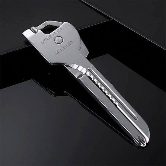 Swiss Tech 6-In-1 Outdoor Key Chain For Everyday Carry compact stainless-steel multitool key-shaped EDC with pliers screwdriver blades