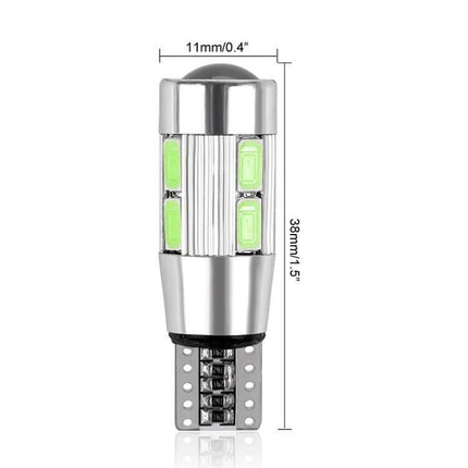 T10 194 W5W LED Car Light Bulb 2-Pack Canbus Parking Side Light close-up showing dimensions and green LED chips
