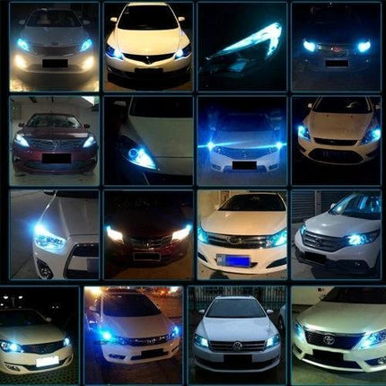 T10 White LED Bulb for Vehicle Turn Signals and Tail Lights installed in multiple car models showing bright white turn signal and tail light illumination