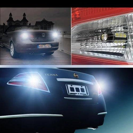 T10 White LED Bulb for Vehicle Turn Signals and Tail Lights installed in car tail and turn signal housings, bright white illumination