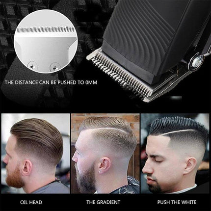 Hair Clipper USB Rechargeable Metal Body For Home Grooming showing stainless steel cutter head and three men with fades and slicked-back styles