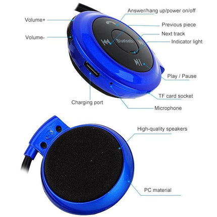 NVAHVA Compact Bluetooth MP3 Player And Sport Headset For Commuters blue mini-503 showing controls TF slot mic