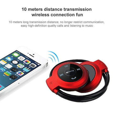 NVAHVA Compact Bluetooth MP3 Player And Sport Headset For Commuters red wireless headset next to smartphone, 10m range