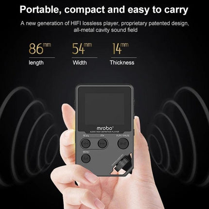 Compact Mrobo MP3 Player for Music, FM Radio, and Voice Recording with 1.8-Inch Screen handheld compact device shown with dimensions 86x54x14mm