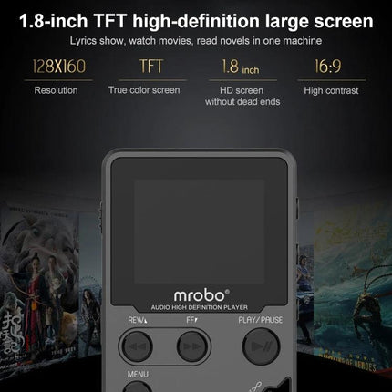 Compact Mrobo MP3 Player for Music, FM Radio, and Voice Recording with 1.8-Inch Screen showing 1.8-inch TFT display, controls, and specs