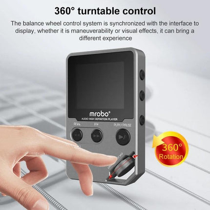Compact Mrobo MP3 Player for Music, FM Radio, and Voice Recording with 1.8-Inch Screen showing 360° turntable control and front buttons