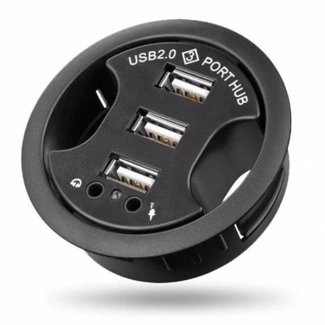 Versatile USB Hub with Three Ports and Built-in Audio Jack for Connectivity - black USB2.0 desk hub with three ports and 3.5mm audio jack