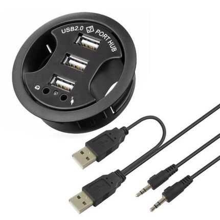 Versatile USB Hub with Three Ports and Built-in Audio Jack for Connectivity - round USB 2.0 3-port hub with 3.5mm audio cable for laptops and desktops
