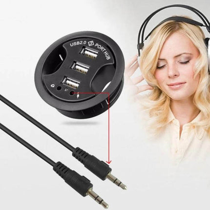 Versatile USB Hub with Three Ports and Built-in Audio Jack for Connectivity - black USB2.0 hub with 3 ports and 3.5mm audio jack for headphones