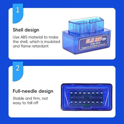 Vital Tool for At-Home Car Troubleshooting Sessions ELM327 Bluetooth OBD2 scanner showing transparent blue shell and full-needle OBD2 connector