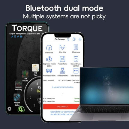 Vital Tool for At-Home Car Troubleshooting Sessions - ELM327 Bluetooth OBD2 scanner showing smartphone app and laptop for diagnostics
