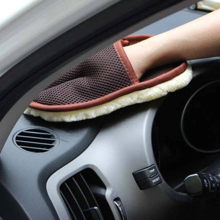 Wool Soft Gloves for Cleaning Cars and Motorcycles gently wiping dashboard with artificial wool grip to prevent scratches and slips