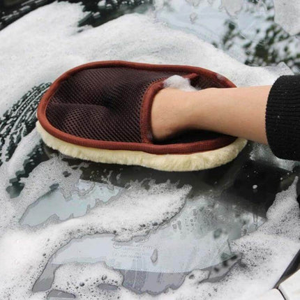 Wool Soft Gloves for Cleaning Cars and Motorcycles - hand wearing artificial wool glove washing car with foam, non-scratch grip for bikes and home surfaces