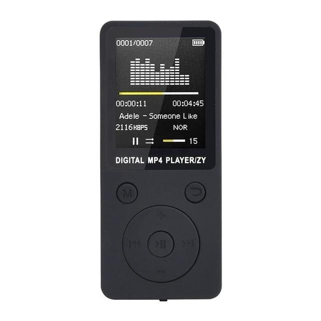 Compact Portable MP4 Player for Music, Radio, and Recording - slim black 1.8-inch TFT MP4 player showing playback screen and controls