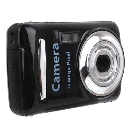 Mini Digital Camera for Kids with Fun Cartoon Design black glossy toy-style point-and-shoot with 2.4-inch screen and simple controls