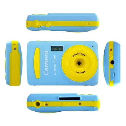 Mini Digital Camera for Kids with Fun Cartoon Design blue and yellow kid-friendly point-and-shoot camera showing front and side views