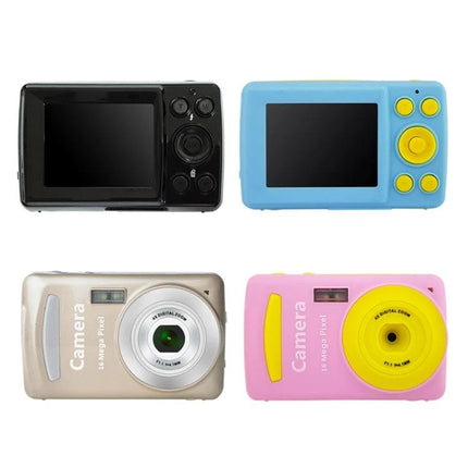 Mini Digital Camera for Kids with Fun Cartoon Design showing four colorful child-friendly point-and-shoot cameras on white background