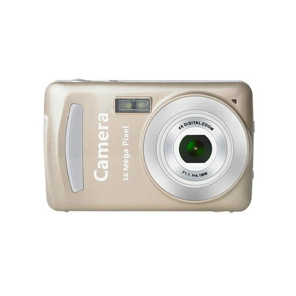 Mini Digital Camera for Kids with Fun Cartoon Design showing beige compact toy-like point-and-shoot with 2.4-inch screen and lens
