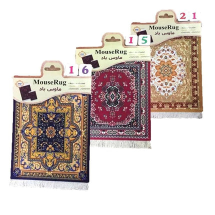 Retro Style Woven Mini Mouse Pad with Non-Slip Base, 28cm x 18cm – three patterned rug-style mouse pads shown in red, gold, and navy designs