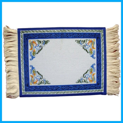 Retro Style Woven Mini Mouse Pad with Non-Slip Base, 28cm x 18cm - blue retro woven design with decorative corner motifs and fringe, non-slip base