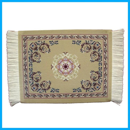 Retro Style Woven Mini Mouse Pad with Non-Slip Base, 28cm x 18cm – beige woven retro rug-style mouse pad with fringe and central medallion pattern