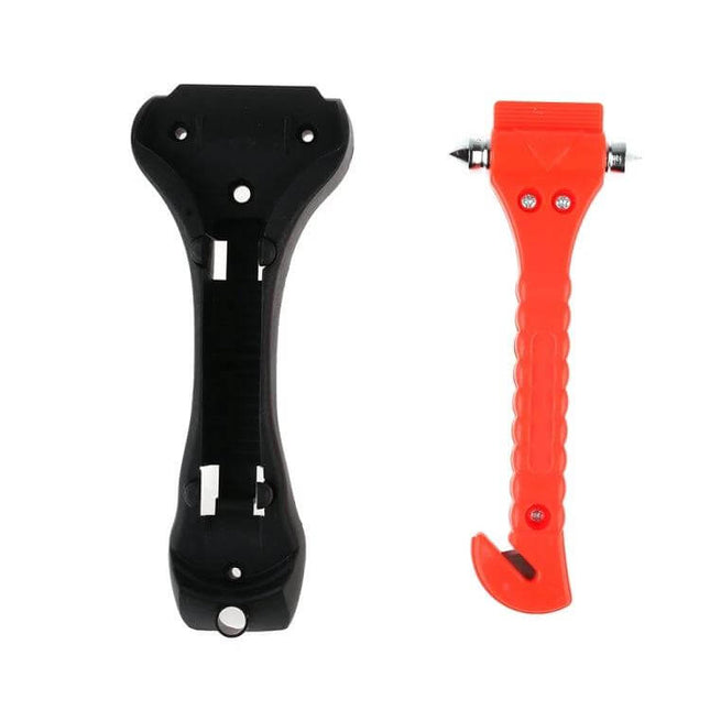 Mini 2-in-1 Car Emergency Hammer for Glass Breaking and Seat Belt Cutting - red safety hammer with black holster shown