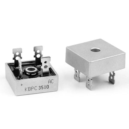 35A Diode Bridge Rectifier for Motorcycle Electrical Applications - KBPC3510 metal bridge rectifier shown with four terminals and mounting hole