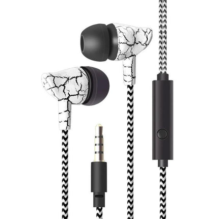 Wired Neckband Earphones With Microphone And Braided Cable white cracked design earbuds with inline mic and 3.5mm jack