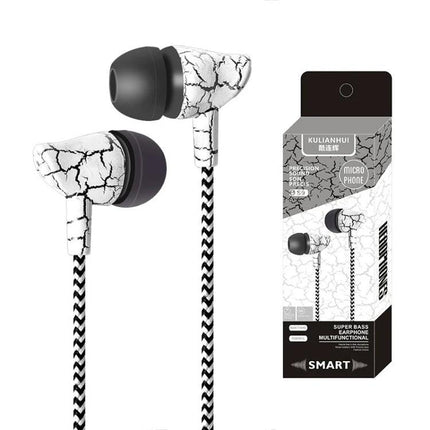 Wired Neckband Earphones With Microphone And Braided Cable white crackle design with inline mic and 3.5mm jack