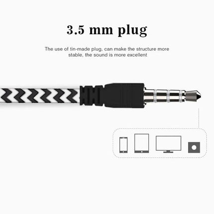 Wired Neckband Earphones With Microphone And Braided Cable showing 3.5mm jack and chevron braided cable for devices