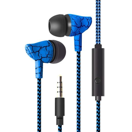 Wired Neckband Earphones With Microphone And Braided Cable blue cracked design with inline mic, 3.5mm jack, tangle‑resistant braided cable