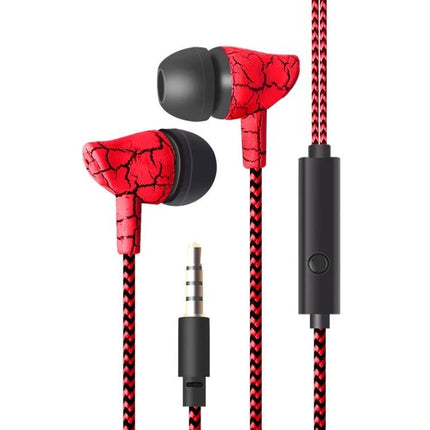 Wired Neckband Earphones With Microphone And Braided Cable red crackle earbuds with inline mic 3.5mm jack, tangle-free braided cable