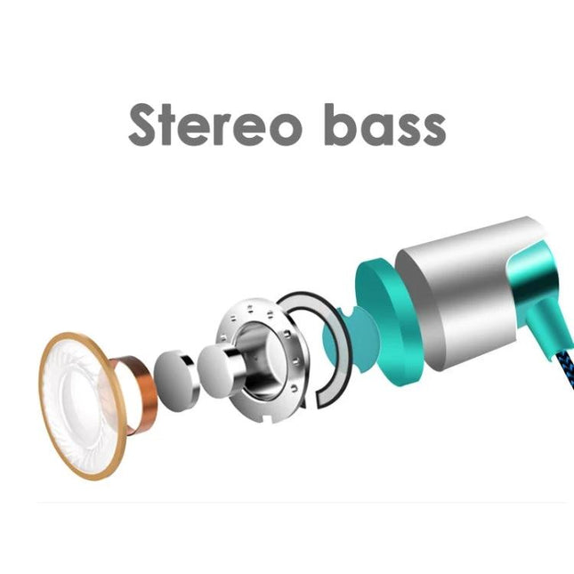 Wired In Ear Earphones With Secure Ear Hook For Jogging showing exploded driver components and stereo bass