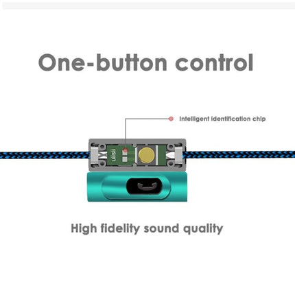 Wired In Ear Earphones With Secure Ear Hook For Jogging showing one-button control, braided cable and inline mic, metal housing