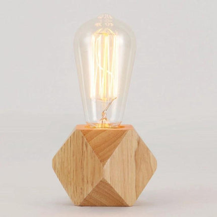Minimalist Wooden Table Lamp for Your Bedroom Nightstand on compact geometric wood base with warm filament bulb