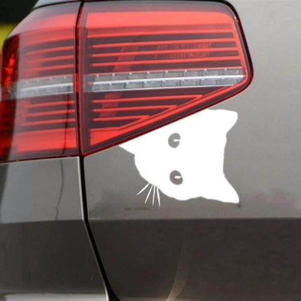 Black and White Cat Face Peering Car Sticker Decal, 12x15cm — white cat peeking sticker on car bumper near taillight