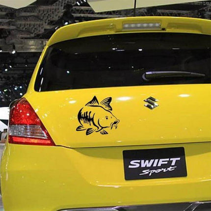 Reflective Carp Fish Shaped Car Window Sticker for Decoration on yellow hatchback rear window, black carp decal visible