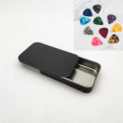 Handy Tin Box for Storing Guitar Picks and Accessories - compact black tin case for picks, strings and small guitar accessories