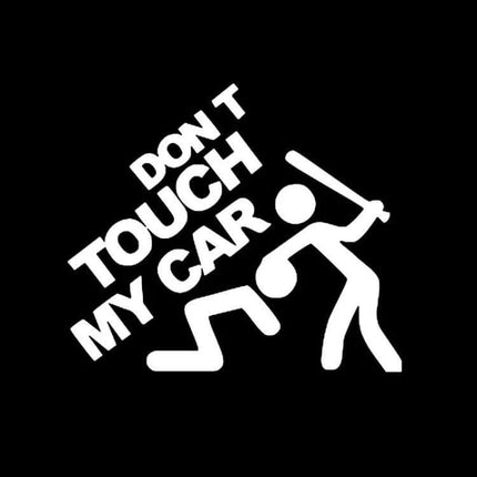 Car Window Decal Stickers in Black and White for Vehicle Decoration - black PVC sticker reading "DON'T TOUCH MY CAR" with stick figure hitting another