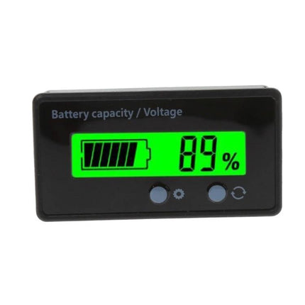 12V Lead-Acid and Lithium Battery Capacity Indicator with Percentage Display showing 89% charge on green LCD for RV, solar, and EV monitoring
