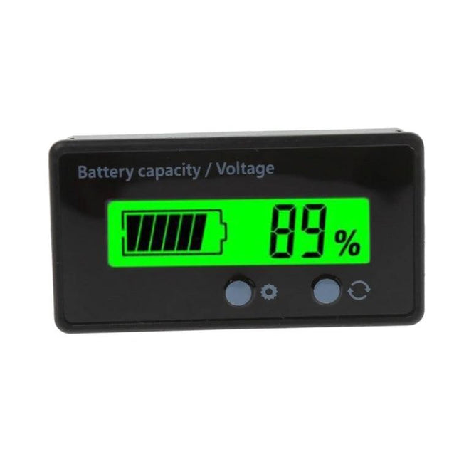 12V Lead-Acid and Lithium Battery Capacity Indicator with Percentage Display showing 89% charge on green LCD for RV, solar, and EV monitoring